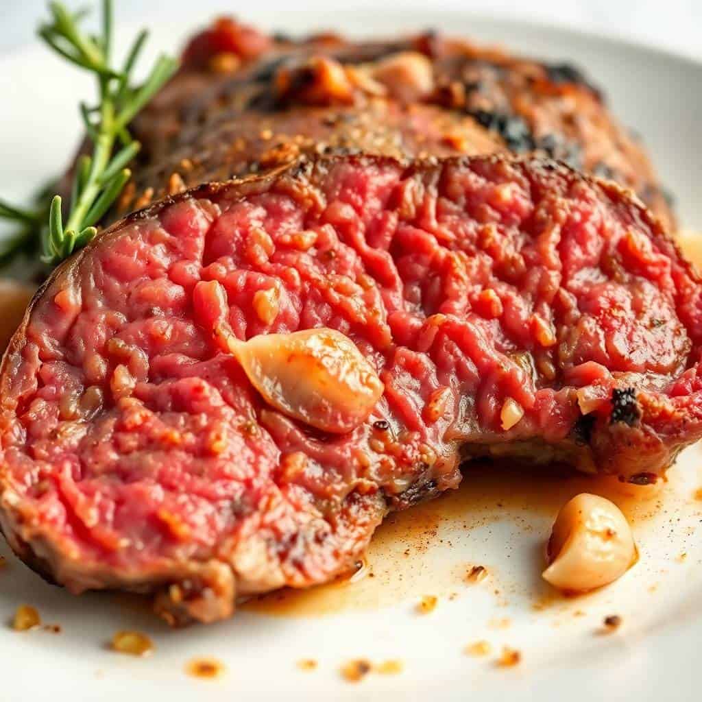Sliced rosemary and garlic roast beef with red interior on white plate with fresh rosemary garnish.