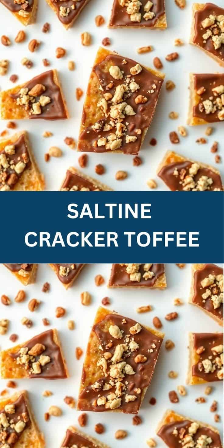 Saltine cracker toffee pieces topped with chocolate and crushed peanuts on white background.