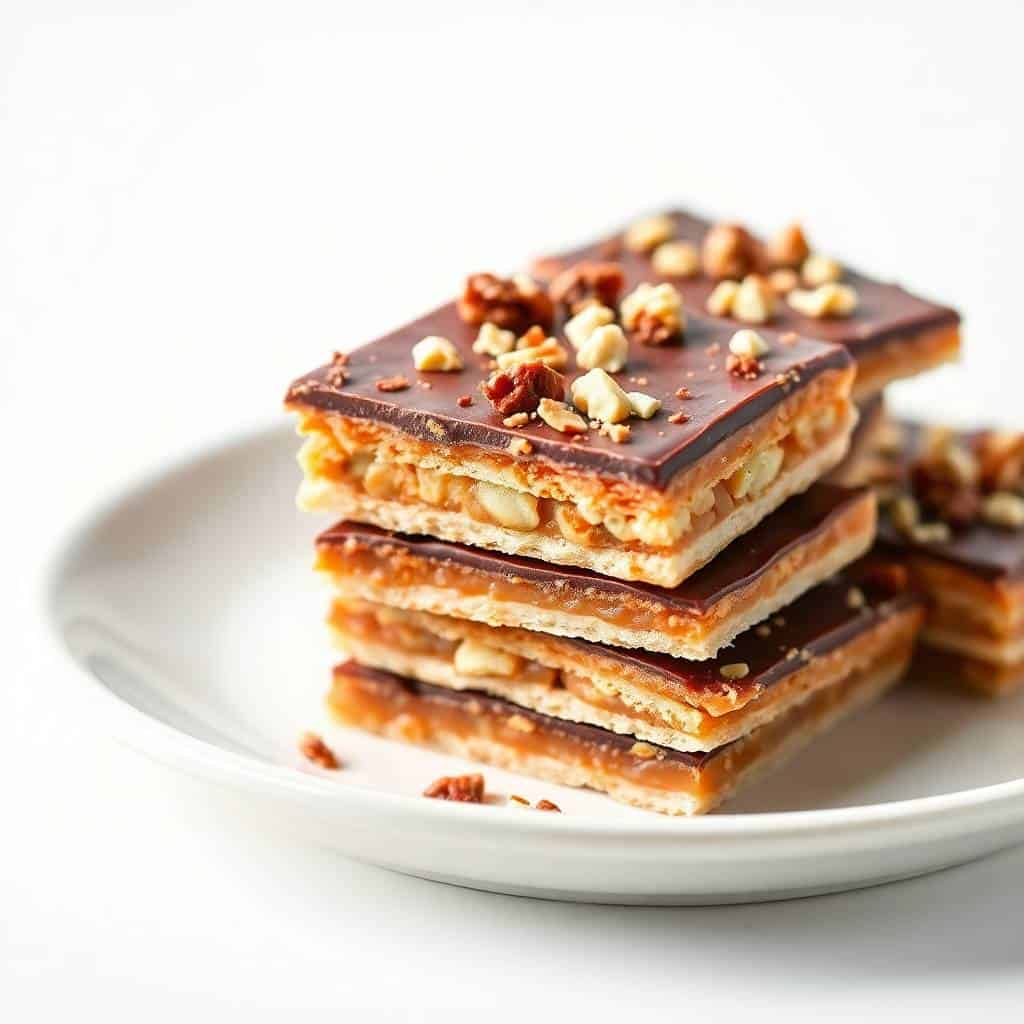 Stacked saltine cracker toffee with chocolate coating and nuts on white plate.