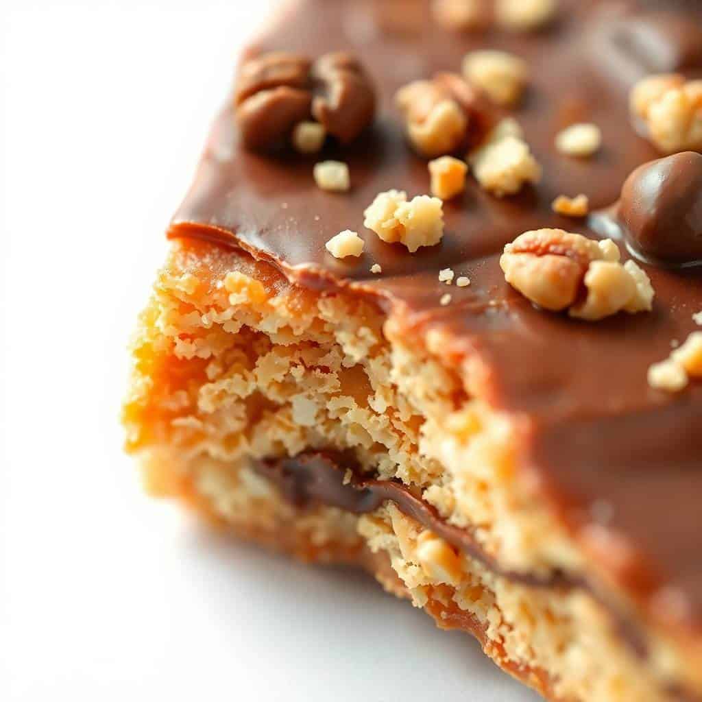 Saltine cracker toffee with chocolate coating and crushed nuts garnish, cross-section visible.