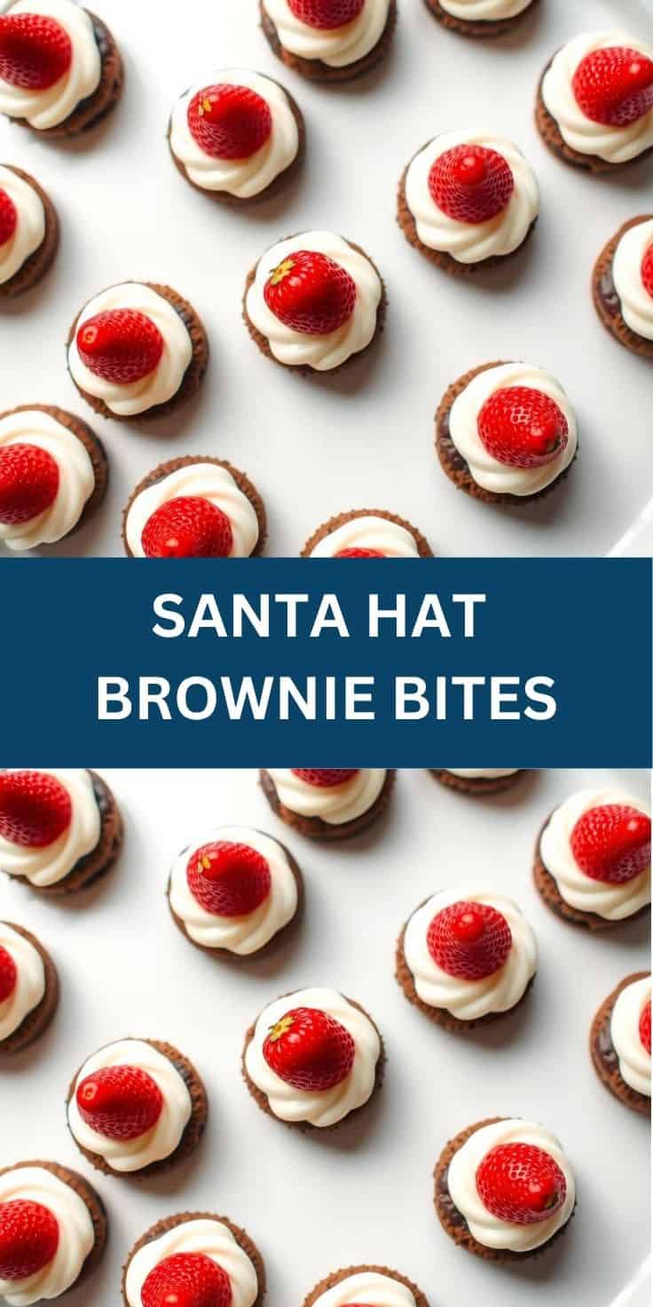 Santa Hat Brownie Bites arranged on white surface with chocolate bases, white cream, and fresh strawberries.