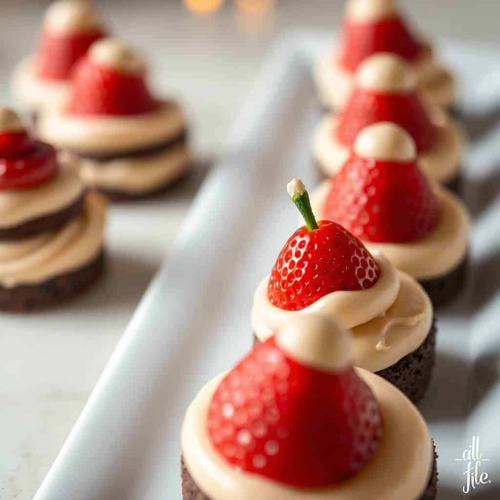 Santa hat brownie bites with chocolate bases, cream frosting, and fresh strawberries arranged on a white platter.