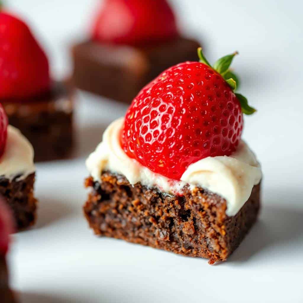 Santa Hat Brownie Bites with chocolate cake, cream frosting, and fresh strawberry garnish on white surface.
