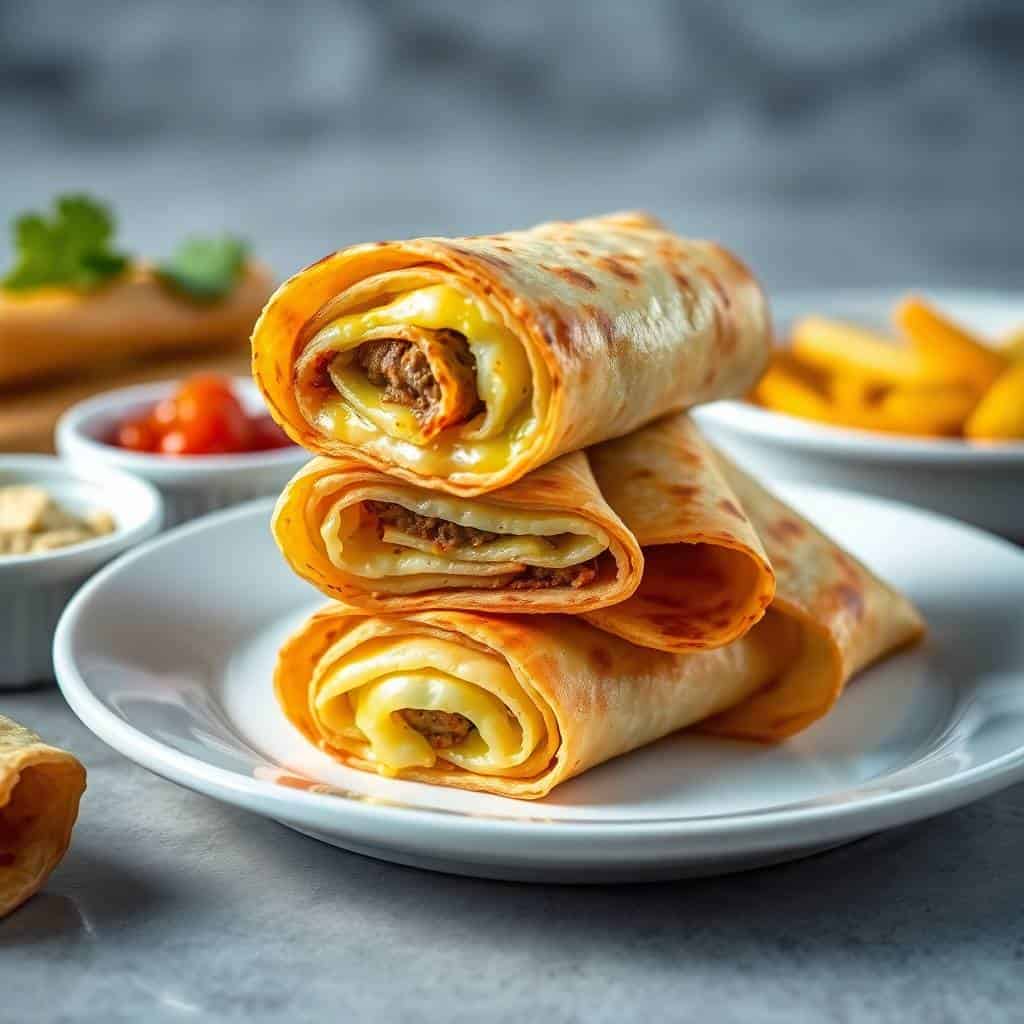 Three golden sausage and egg breakfast roll-ups stacked on a white plate with French fries and garnish bowls nearby.
