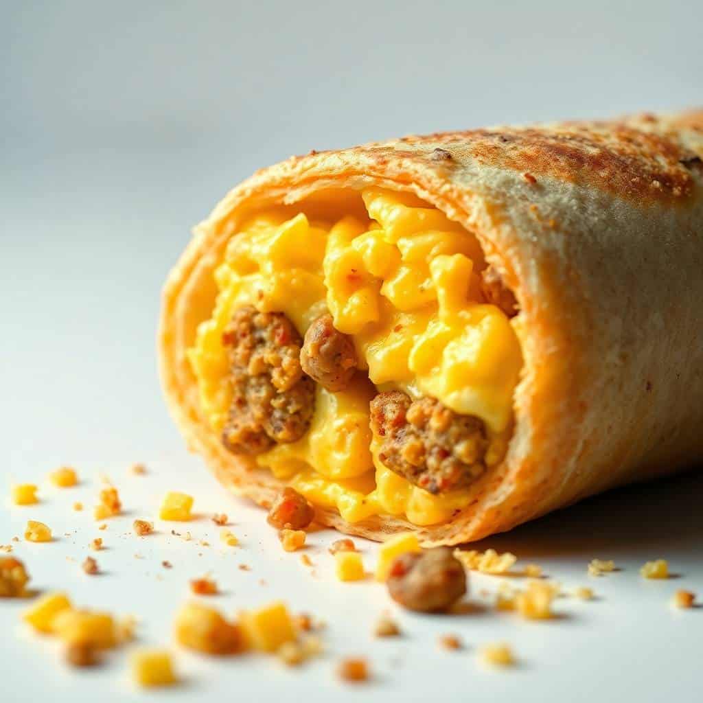 Sausage and egg breakfast roll-up with golden pastry crust, filled with scrambled eggs and ground sausage, cross-section v...