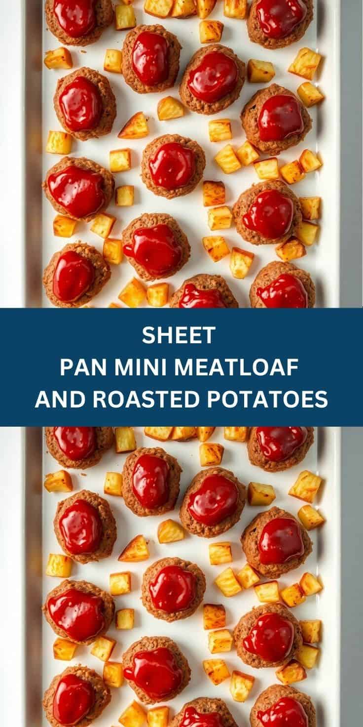 Sheet pan with glazed mini meatloaves topped with red sauce and golden roasted potato cubes.