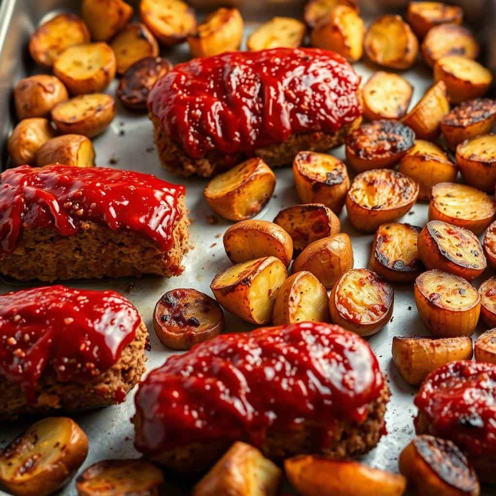 Sheet pan mini meatloaves with glossy red glaze surrounded by golden roasted potato cubes.