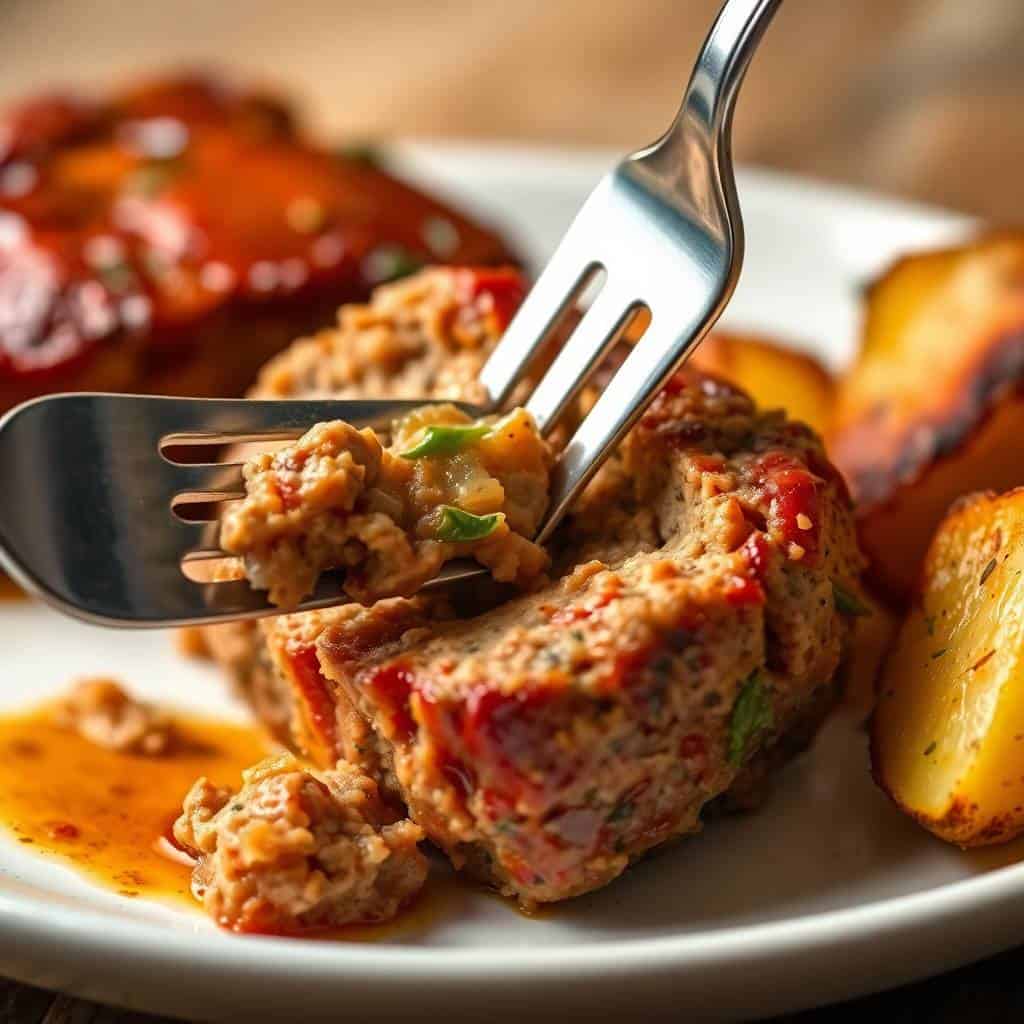 Fork lifting mini meatloaf with red glaze and herb garnish beside roasted potatoes on white plate.