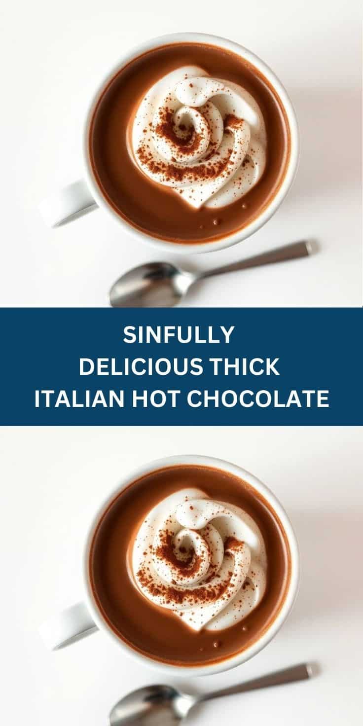 Thick Italian hot chocolate topped with whipped cream and cocoa powder in a white mug.