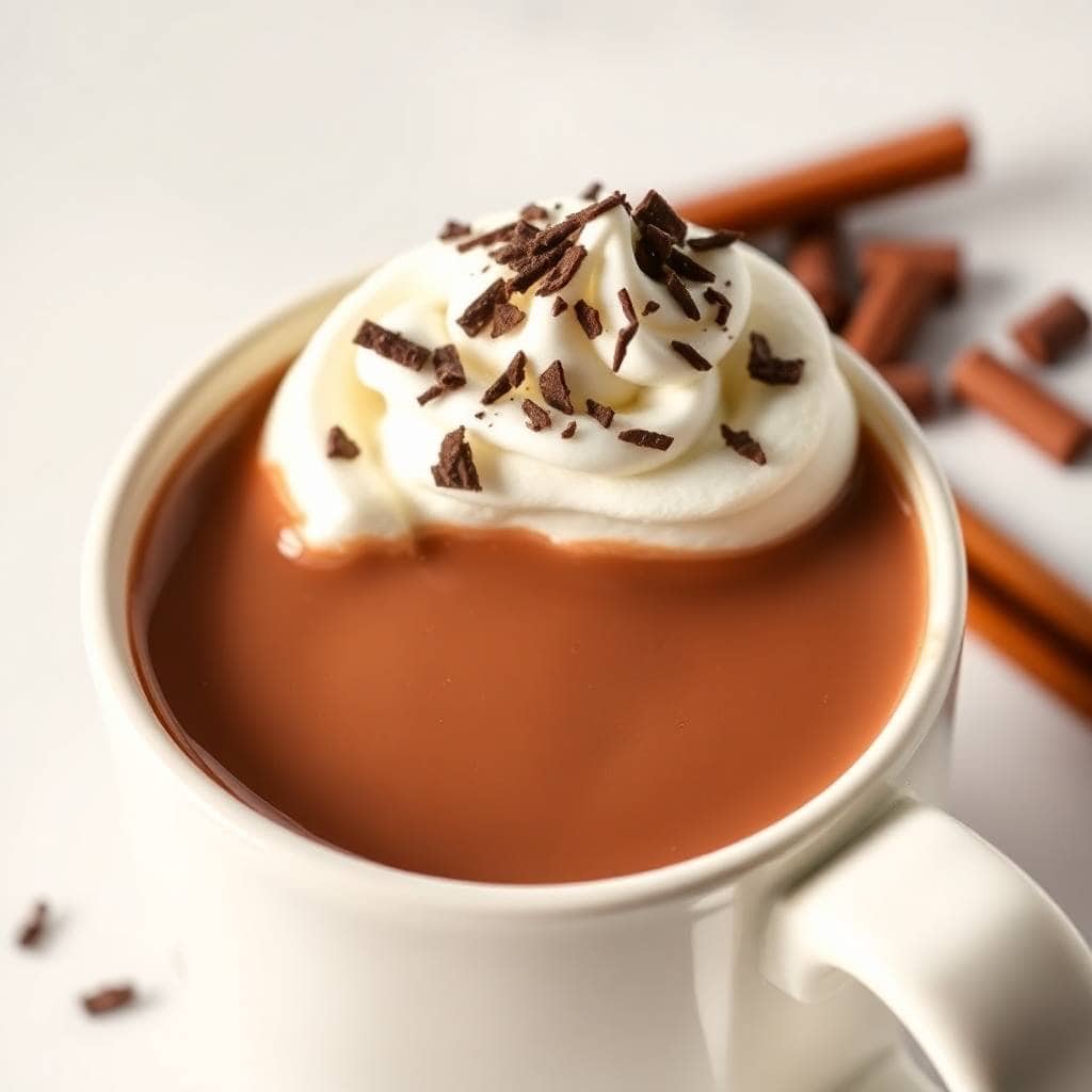Thick Italian hot chocolate in white mug topped with whipped cream, chocolate shavings, and cinnamon sticks.