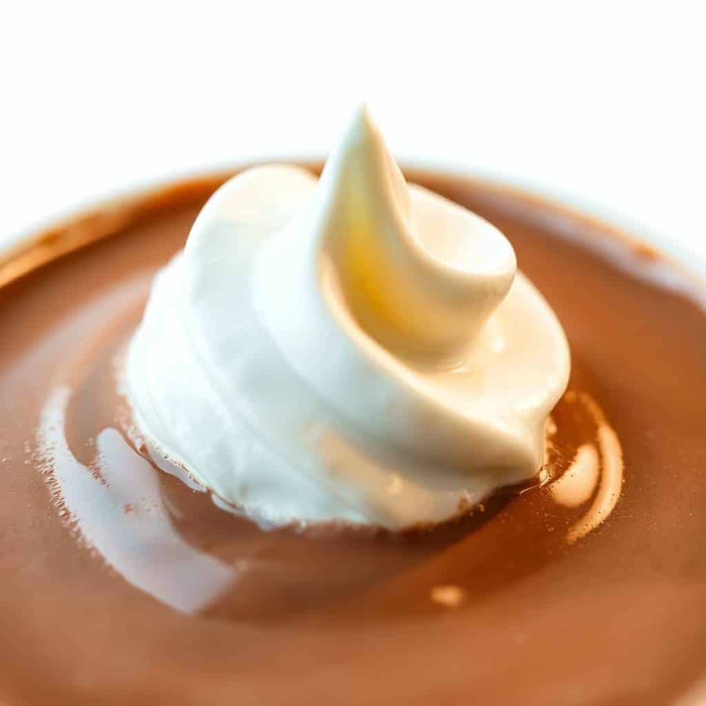 Rich chocolate mousse topped with whipped cream and gold leaf in a brown ceramic bowl.