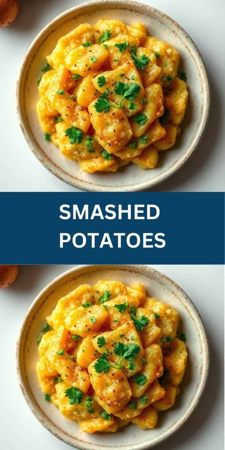 Creamy smashed potatoes garnished with fresh parsley and black pepper in a beige ceramic bowl.
