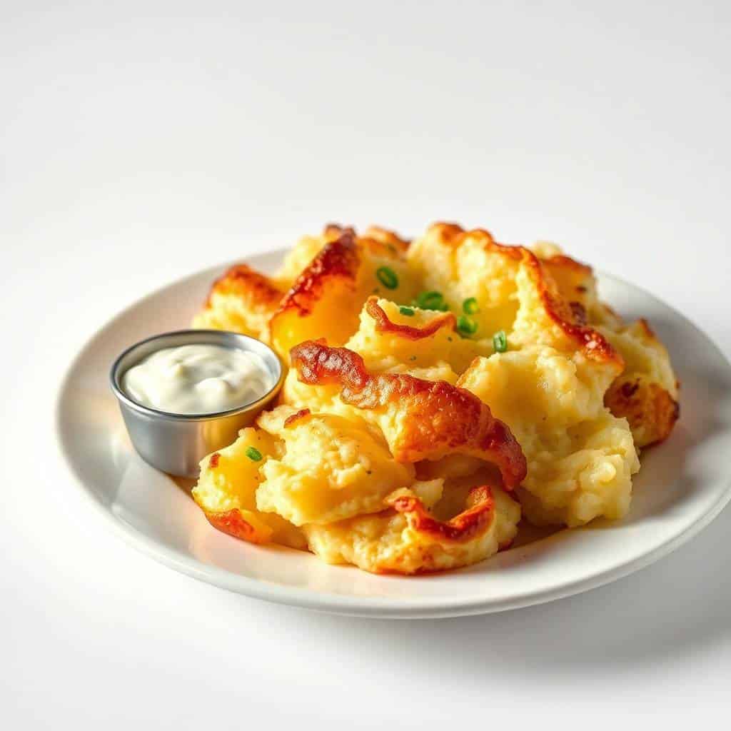 Loaded mashed potatoes with crispy bacon, melted cheese, green onions, and sour cream on white plate.
