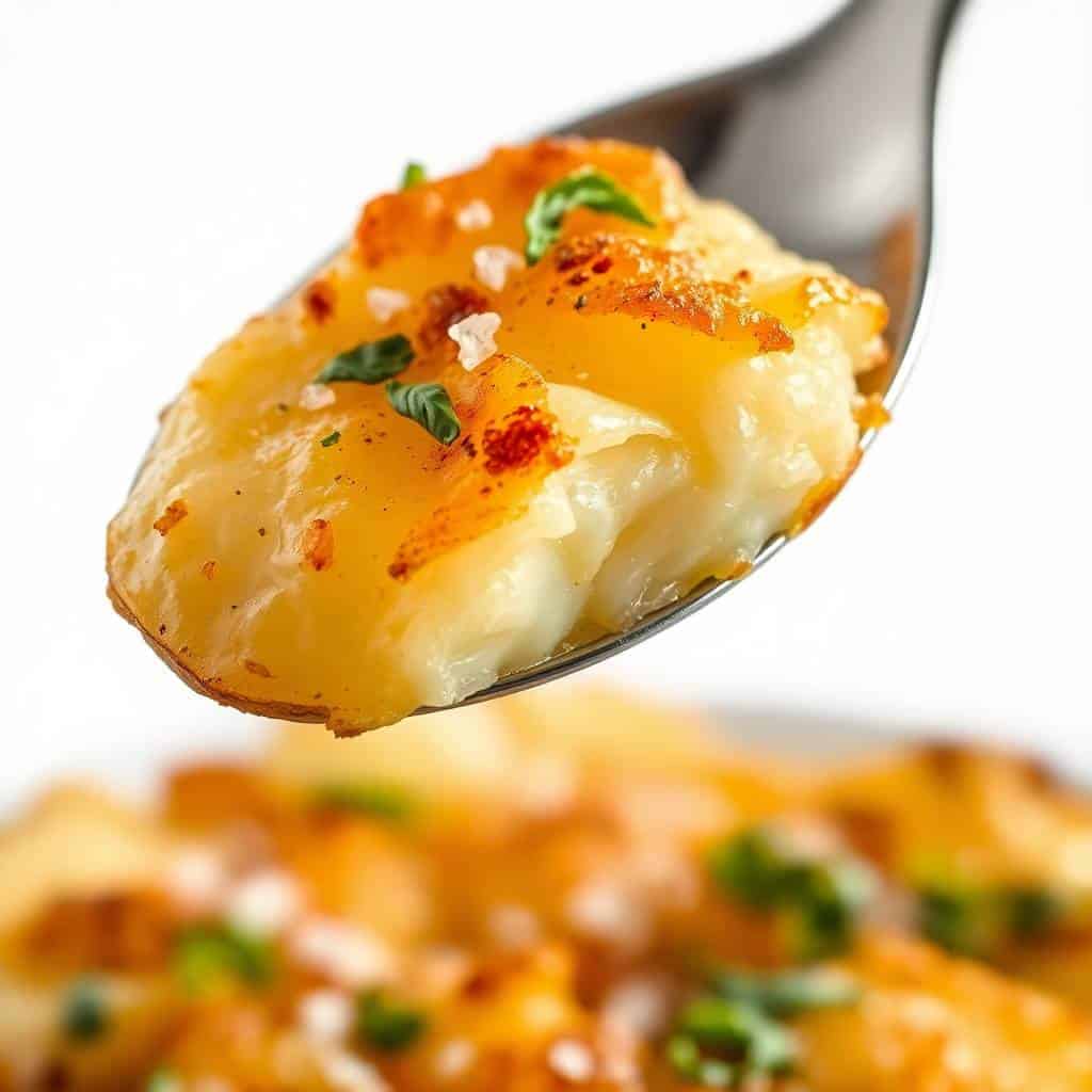 Golden smashed potatoes garnished with chives and paprika on a spoon, creamy texture visible.