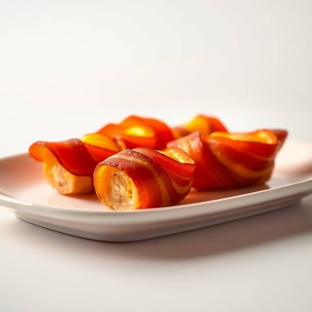Smoked pig shots wrapped in red pepper strips, served on a white rectangular plate.