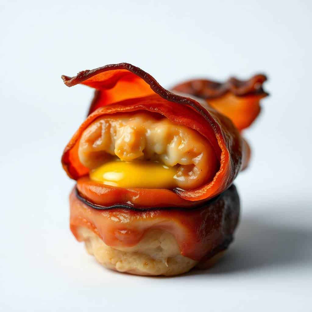 Smoked pig shot with roasted red pepper, cheese filling, and crispy bacon on white surface.