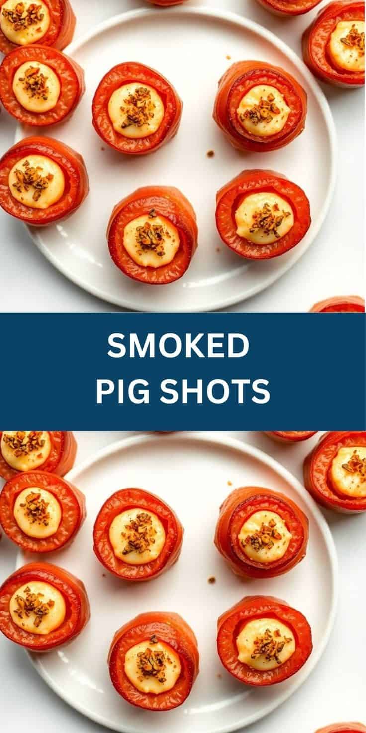 Smoked pig shots arranged on white plate with red pepper rings topped with cheese and bacon bits.