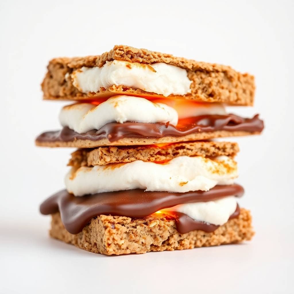 Stacked s'mores crackers with melted chocolate, marshmallow, and bacon between toasted graham cracker layers.