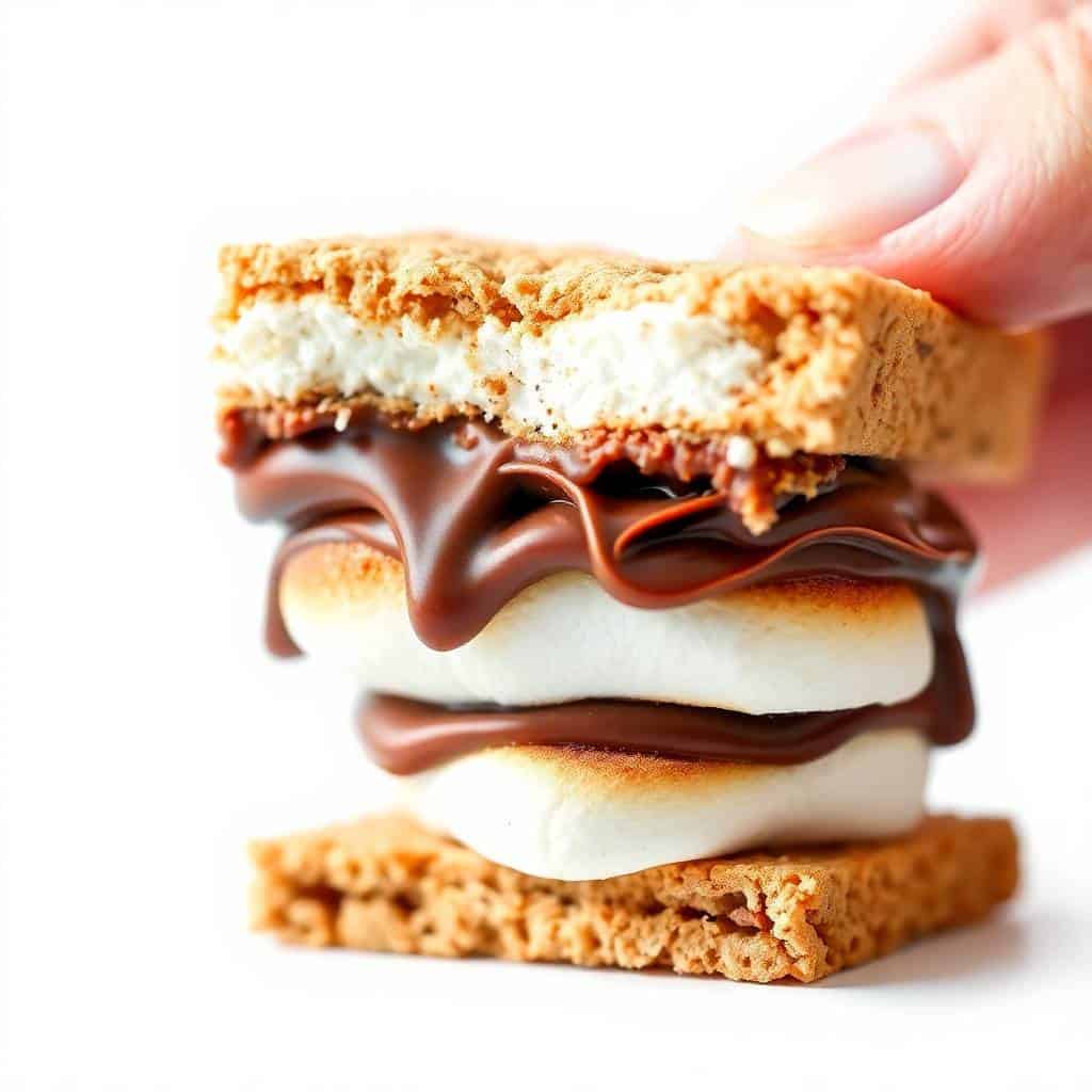 Stacked s'mores with graham crackers, melted chocolate, and toasted marshmallow being held by hand.