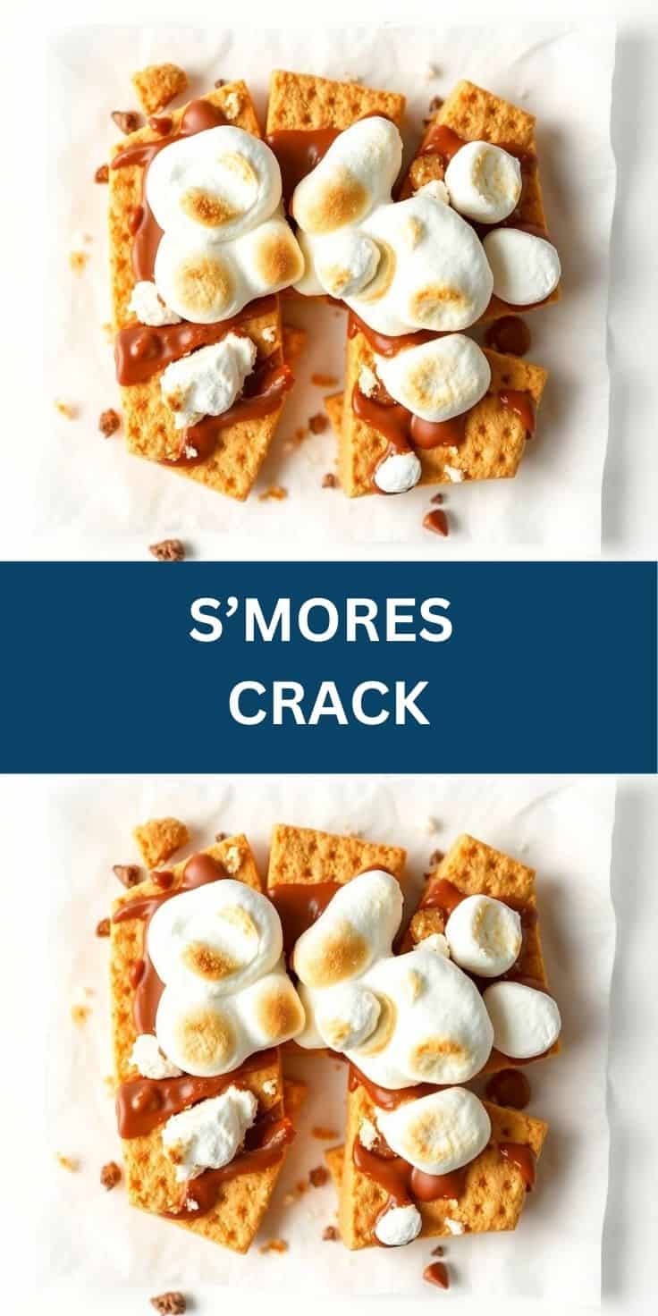 S'mores crack with toasted marshmallows and chocolate on graham cracker base, white plate.