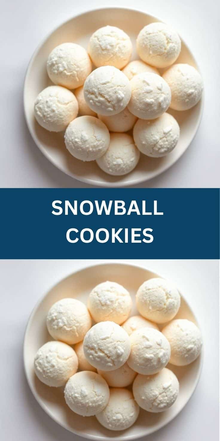 Snowball cookies dusted with powdered sugar arranged on a white plate.