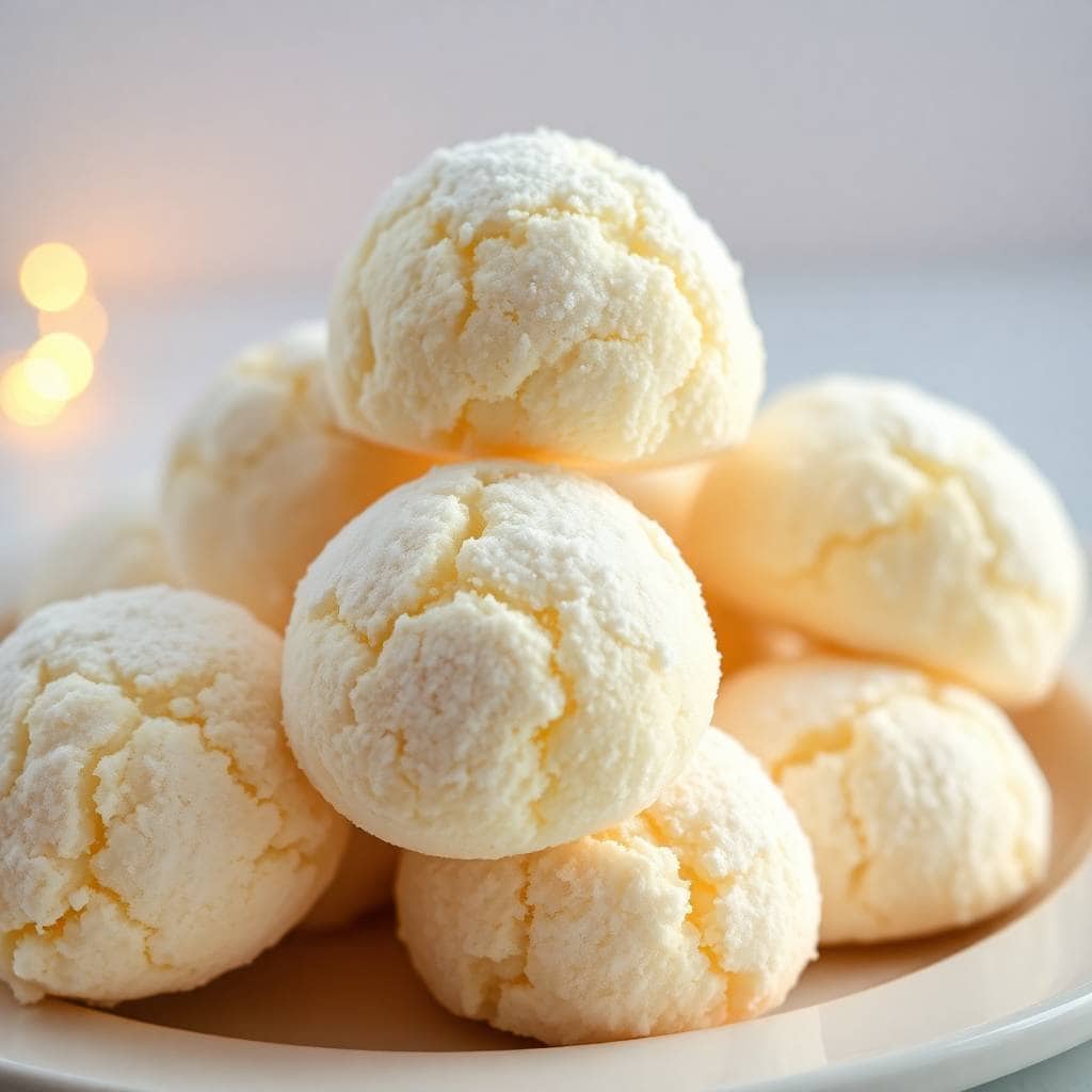 Snowball cookies stacked on white plate, powdered sugar-coated with cracked golden centers.