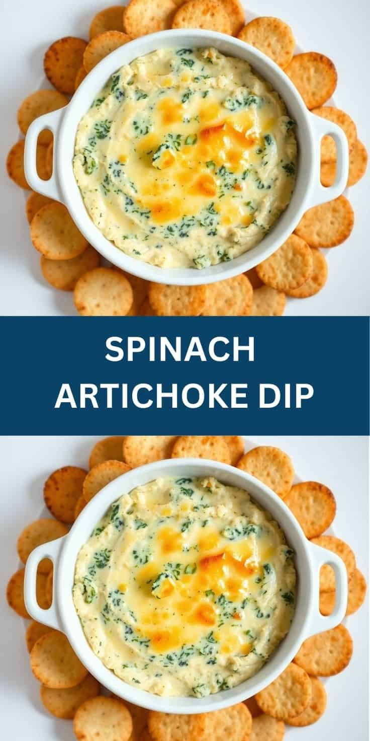 Spinach artichoke dip in white bowl surrounded by crackers, topped with melted cheese and fresh herbs.