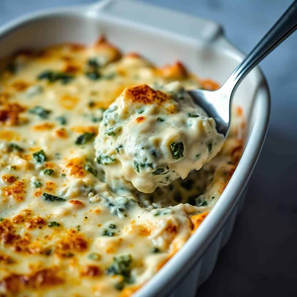 Spinach artichoke dip in white baking dish with spoon, golden brown top, fresh herbs garnish.