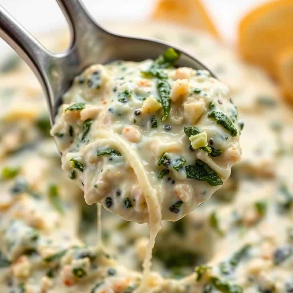 Spinach artichoke dip on spoon with creamy texture, green herbs, and blurred dish background.