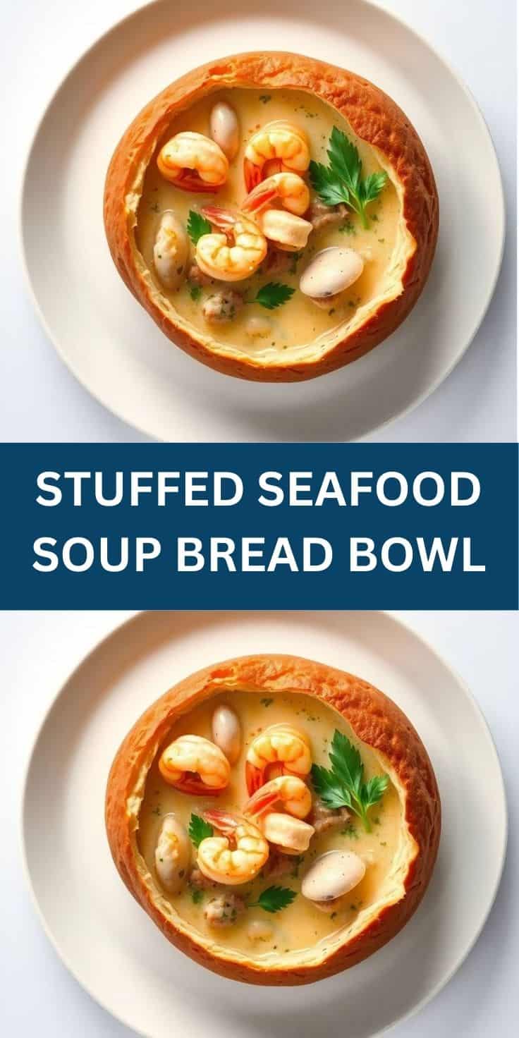 Stuffed seafood soup bread bowl topped with shrimp, garnished with parsley, served on white plate.