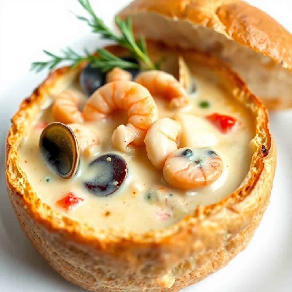 Seafood soup in crispy bread bowl garnished with shrimp, scallops, mussels, and rosemary.