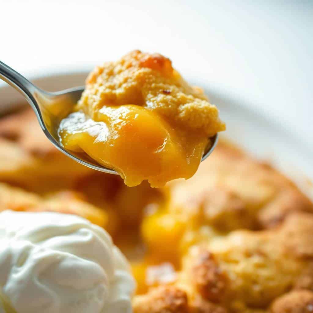 Spoonful of peach cobbler with golden fruit filling and crumbly topping, served with whipped cream.