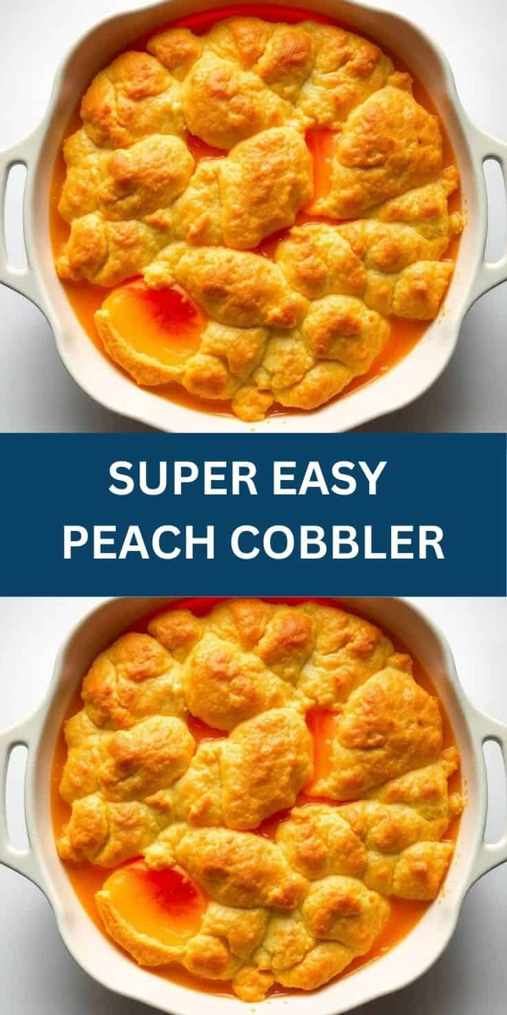Golden-brown peach cobbler with fluffy biscuit topping in white baking dish, bubbling fruit filling visible.