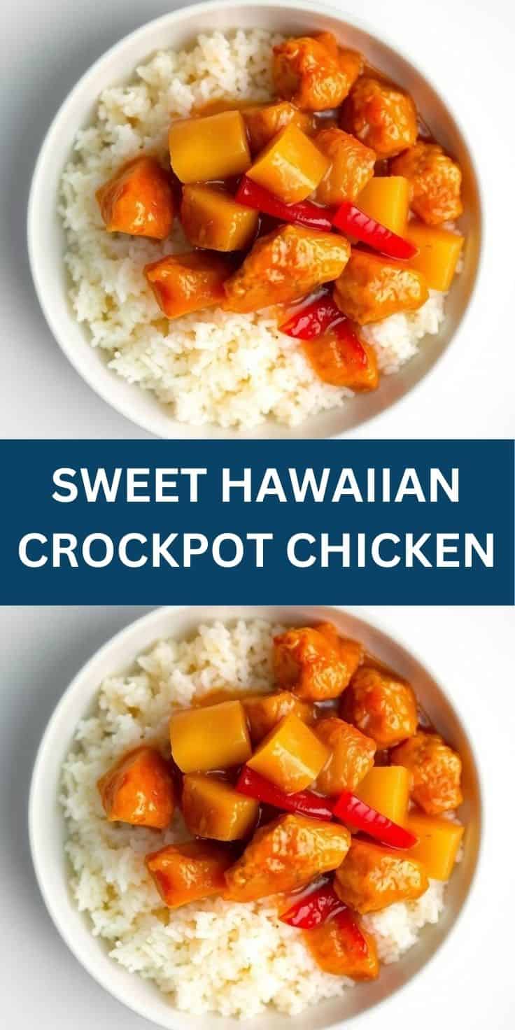 Sweet Hawaiian crockpot chicken with pineapple and bell peppers served over white rice in bowls.