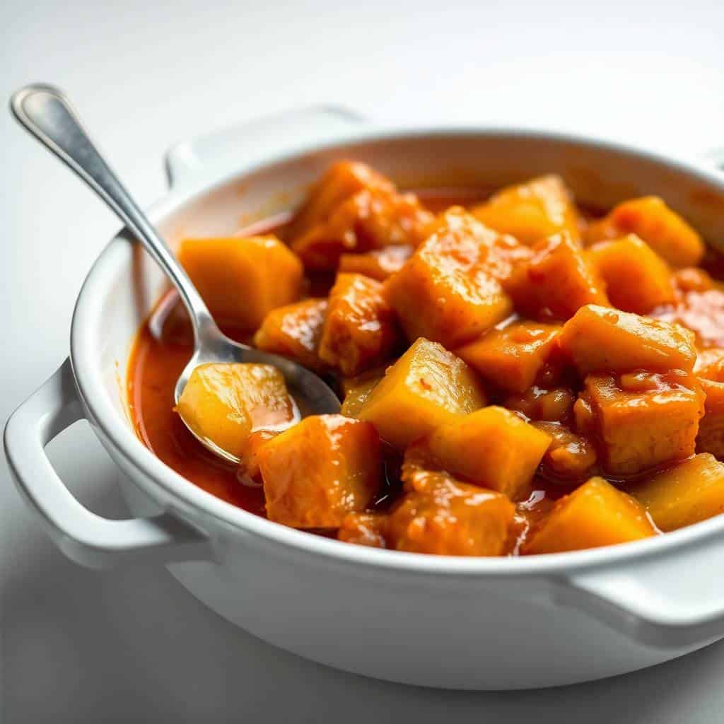 Sweet Hawaiian crockpot chicken with pineapple chunks in orange sauce served in white bowl.