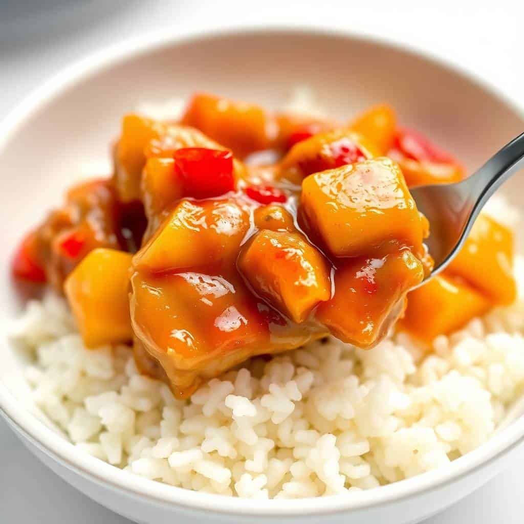 Sweet Hawaiian crockpot chicken with pineapple and red peppers served over white rice in a white bowl.