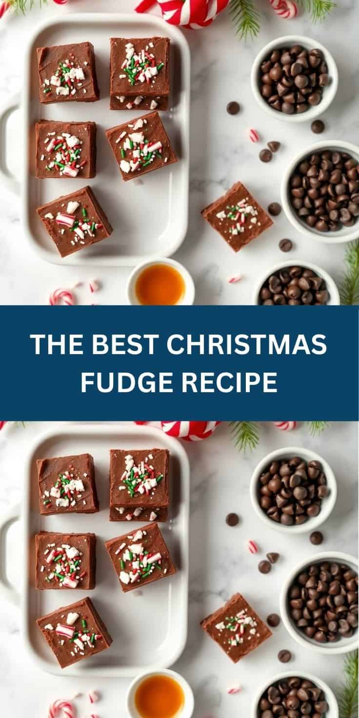 Festive chocolate fudge squares garnished with crushed candy canes and sprinkles on white platter.