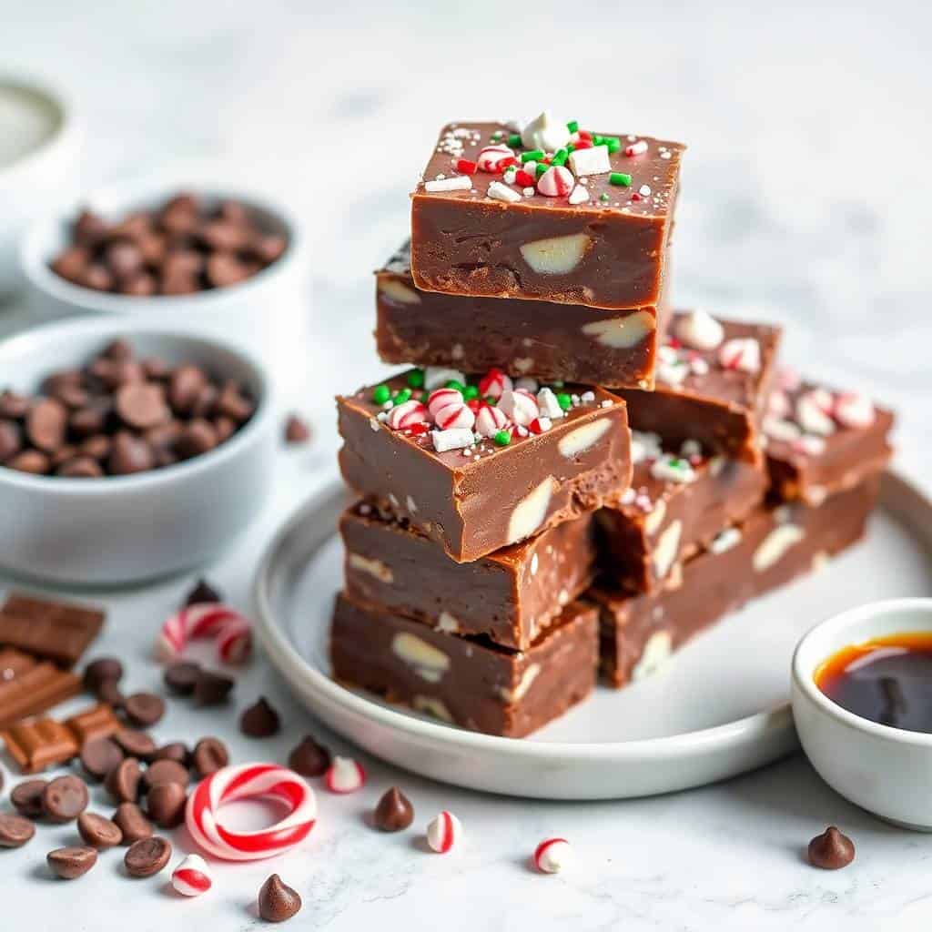 Stacked chocolate fudge pieces topped with crushed candy canes and sprinkles on white plate.