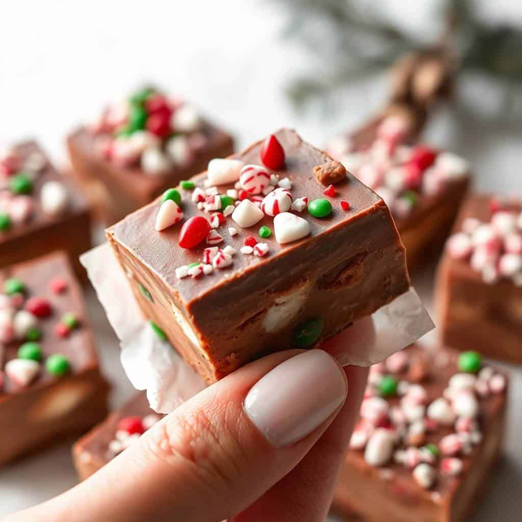 Hand holding festive chocolate fudge square topped with red, white, and green candy pearls.