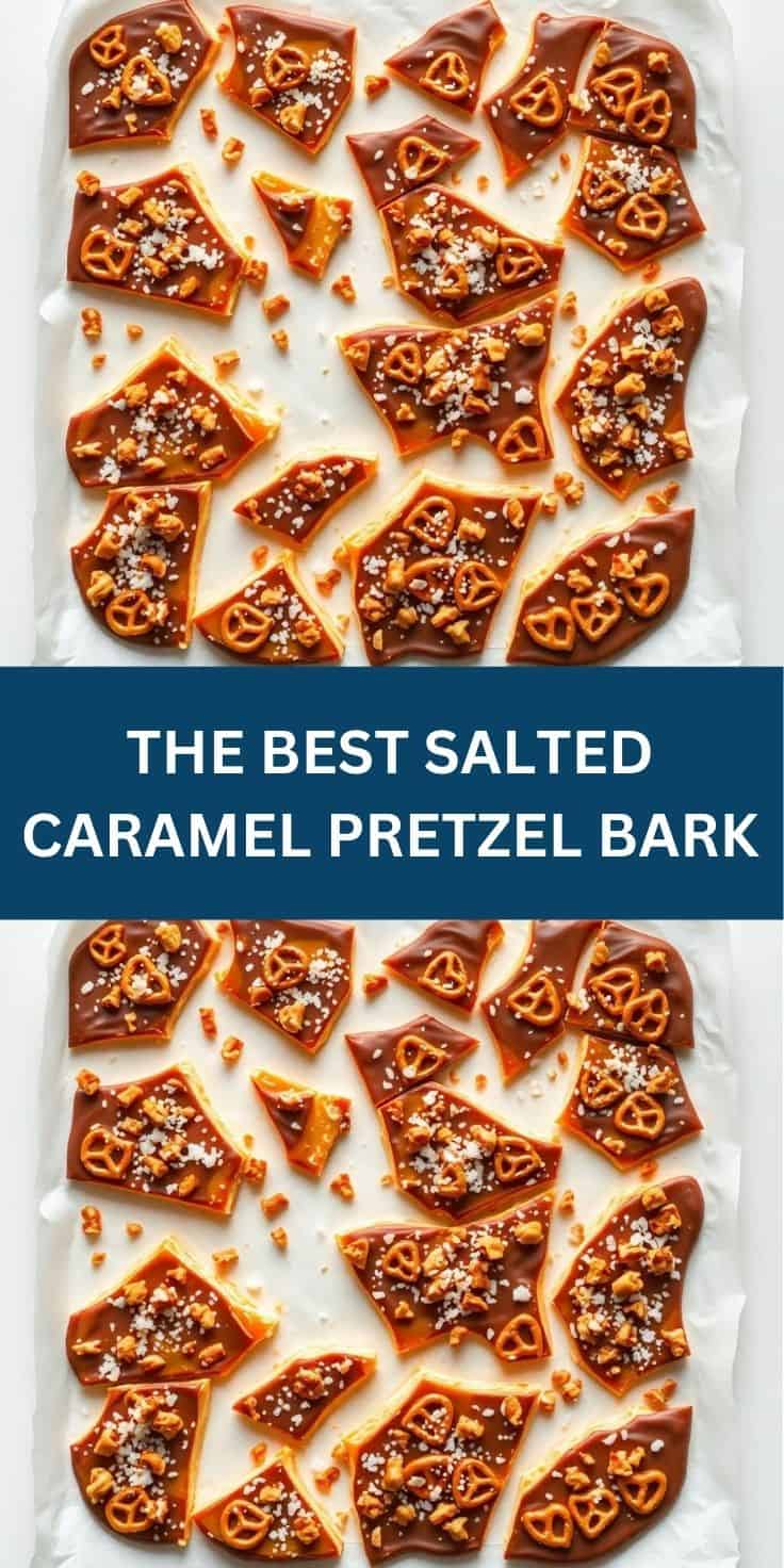 Salted caramel pretzel bark pieces with chocolate coating, pretzel pieces, and sea salt on parchment paper.