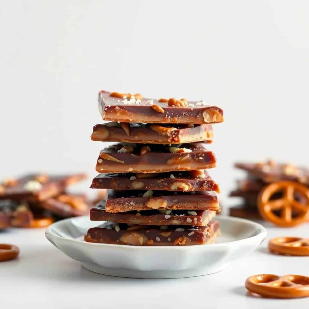 Stacked salted caramel pretzel bark with sea salt on white plate, pretzels scattered nearby.