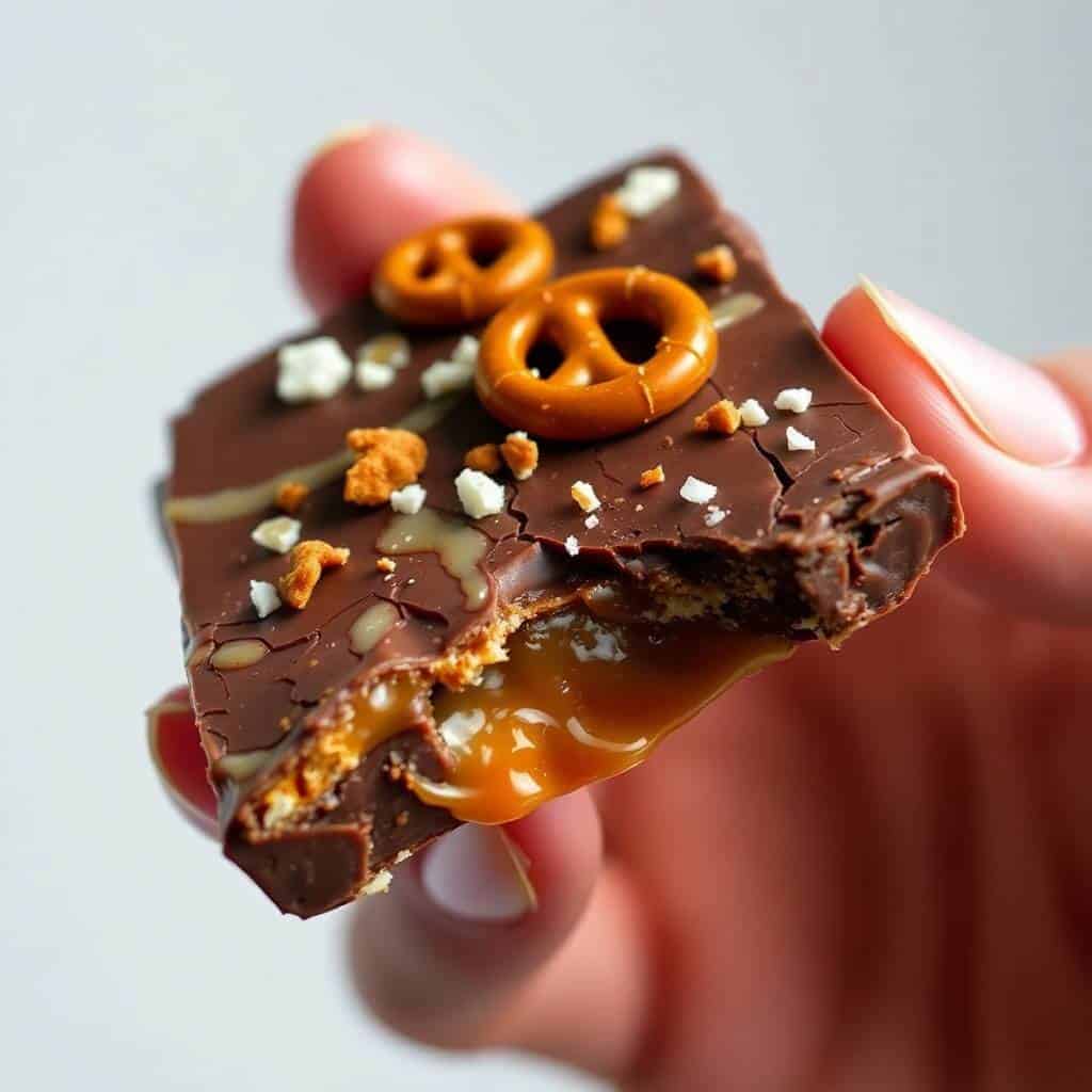 Hand holding a piece of chocolate salted caramel pretzel bark with pretzels and sea salt visible.