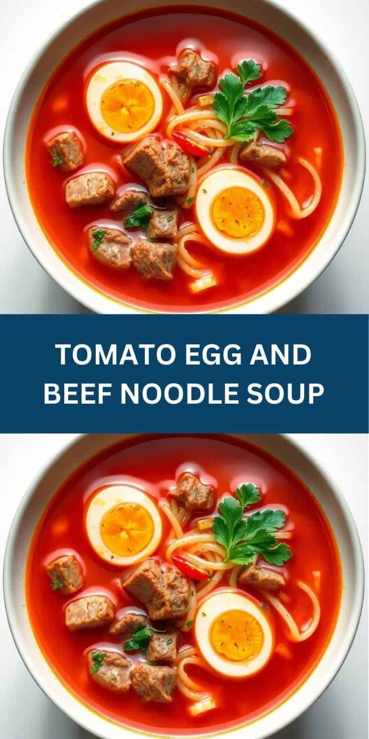 Tomato egg and beef noodle soup in white bowl with red broth, soft-boiled eggs, beef chunks, noodles, and parsley garnish.