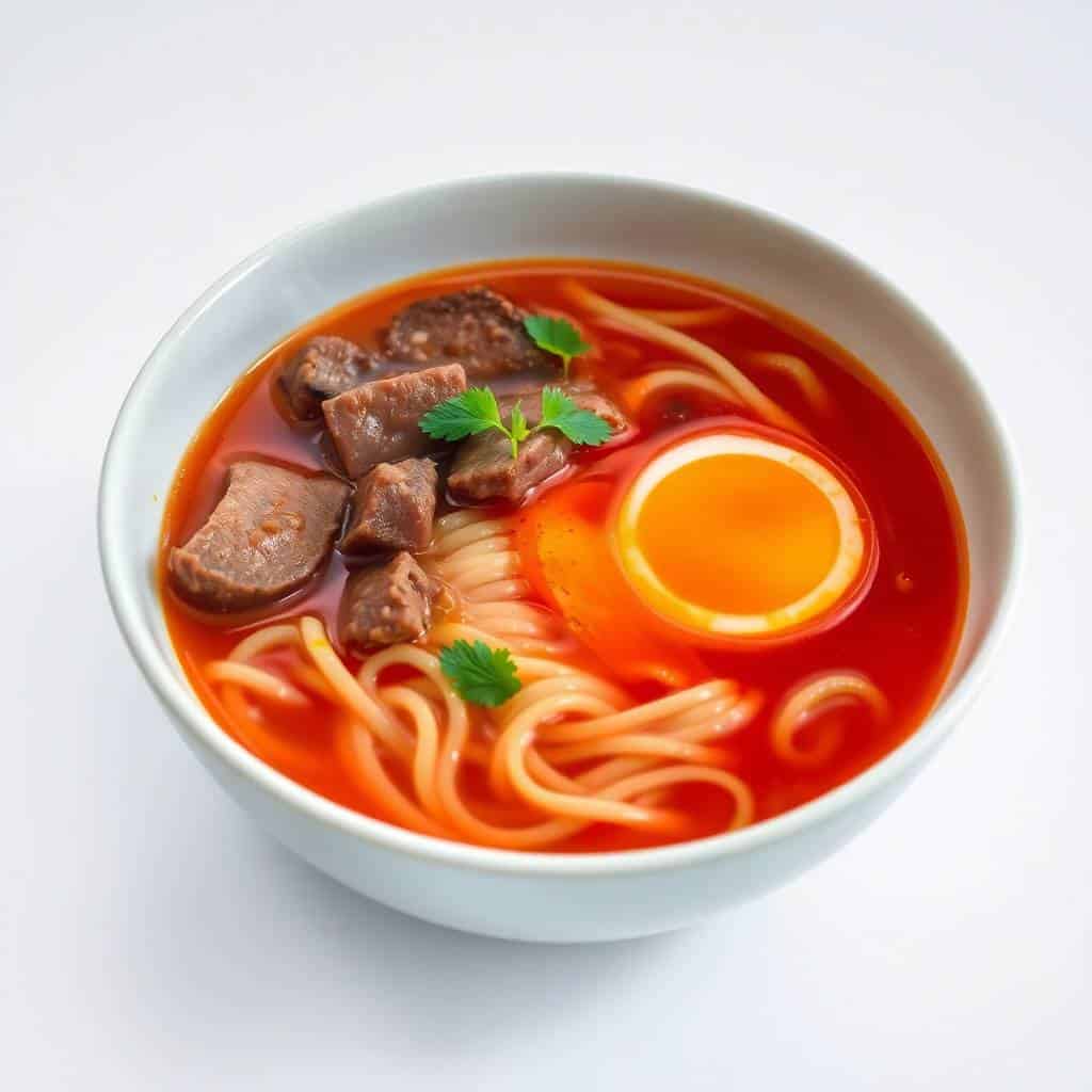 Tomato egg and beef noodle soup in white bowl with wavy noodles, broth, meat, egg half, cilantro garnish.