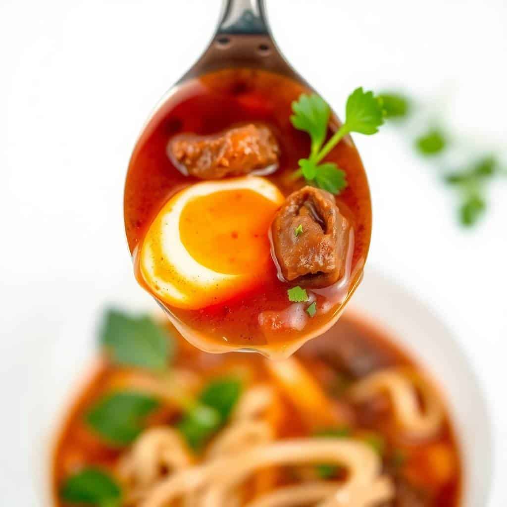 Spoon holding tomato egg beef noodle soup with soft yolk, garnished with cilantro and green onions.