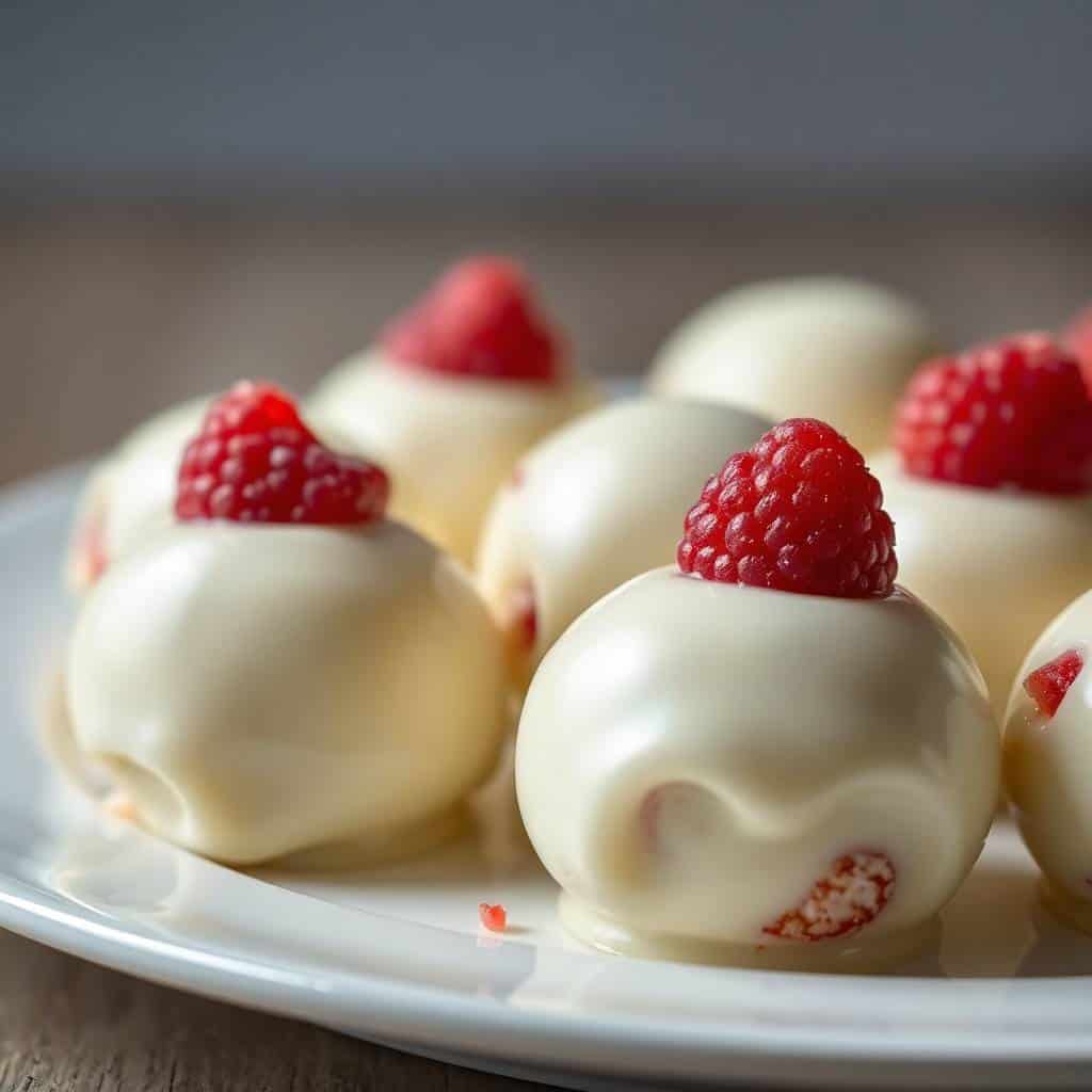 White chocolate raspberry cheesecake balls topped with fresh raspberries on a white plate.