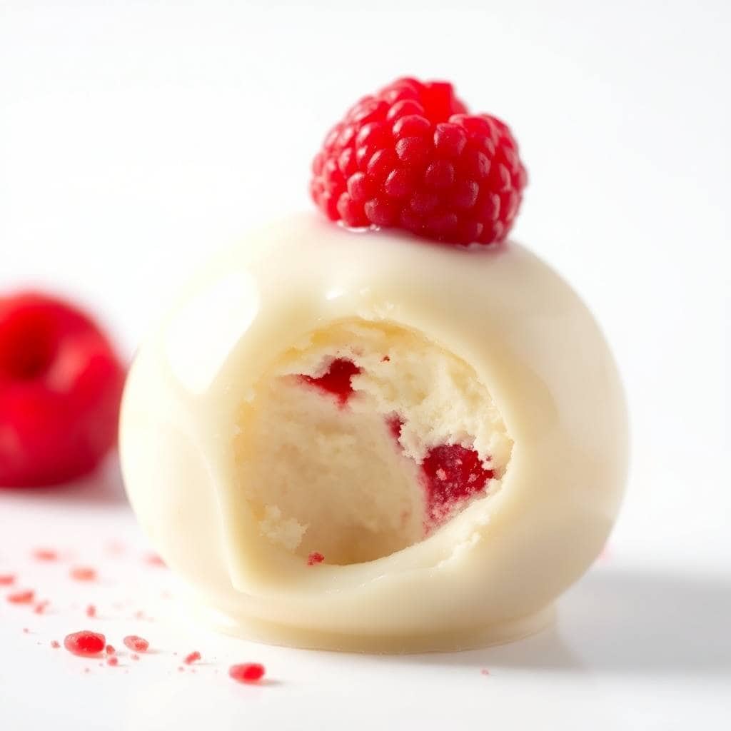White chocolate raspberry cheesecake ball with fresh raspberry garnish and crumbled filling visible.