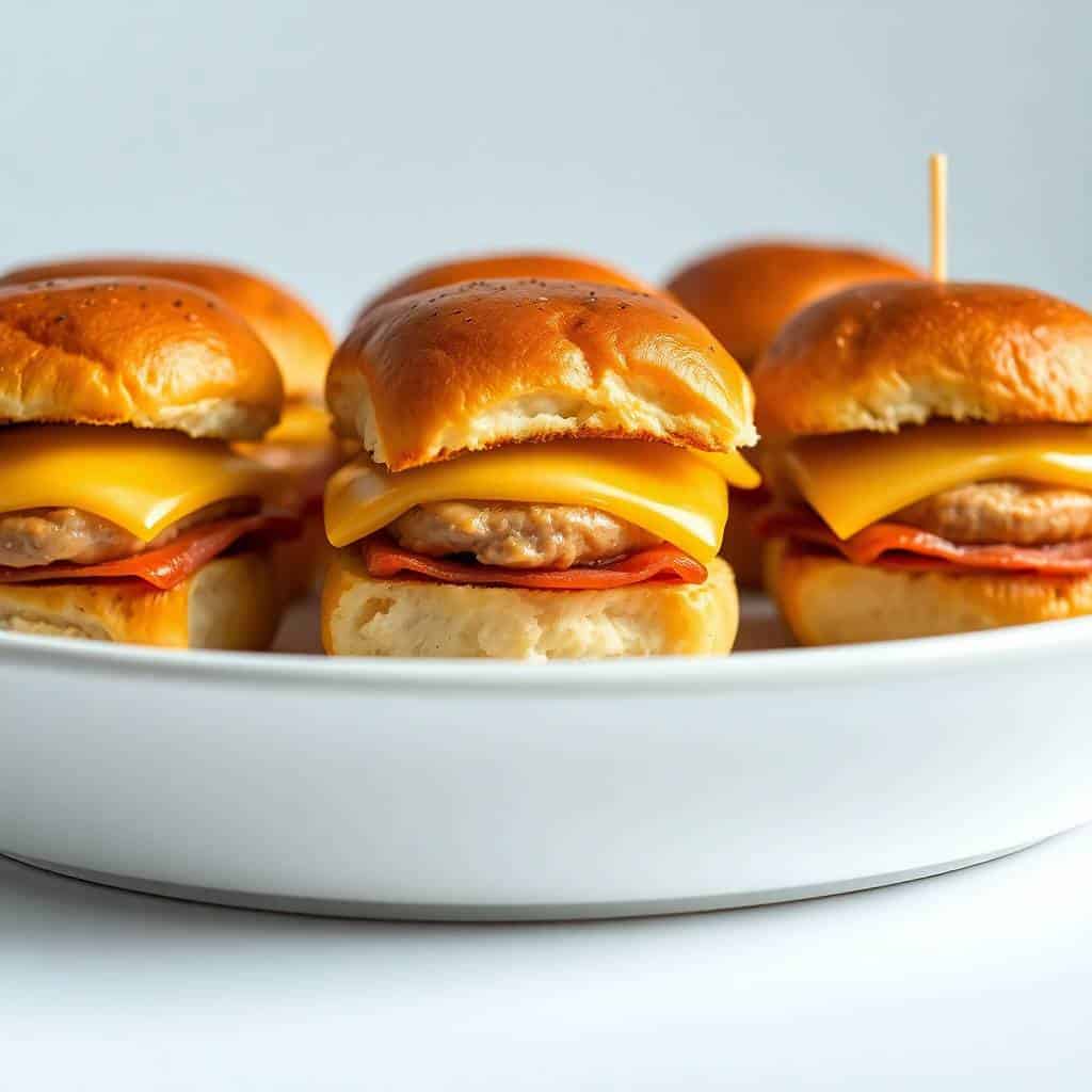 Three golden slider burgers with cheese and bacon on white plate with toothpick garnish.