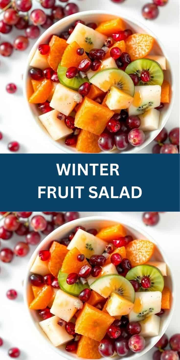 Winter fruit salad in white bowl with apples, oranges, kiwi, and red grapes.
