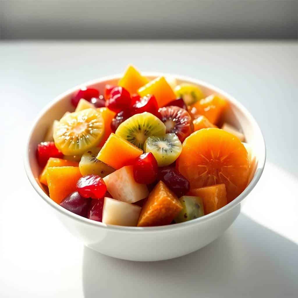 Colorful winter fruit salad in white bowl with kiwi, oranges, strawberries, and red berries.